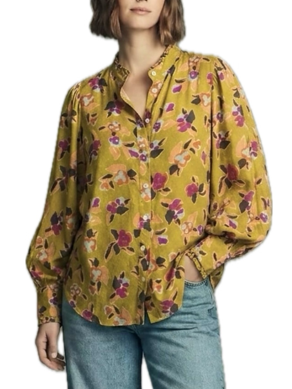 FRNCH Paris Floral Print Ruffle Trim Button Shirt Womens Size Large Puff Sleeve